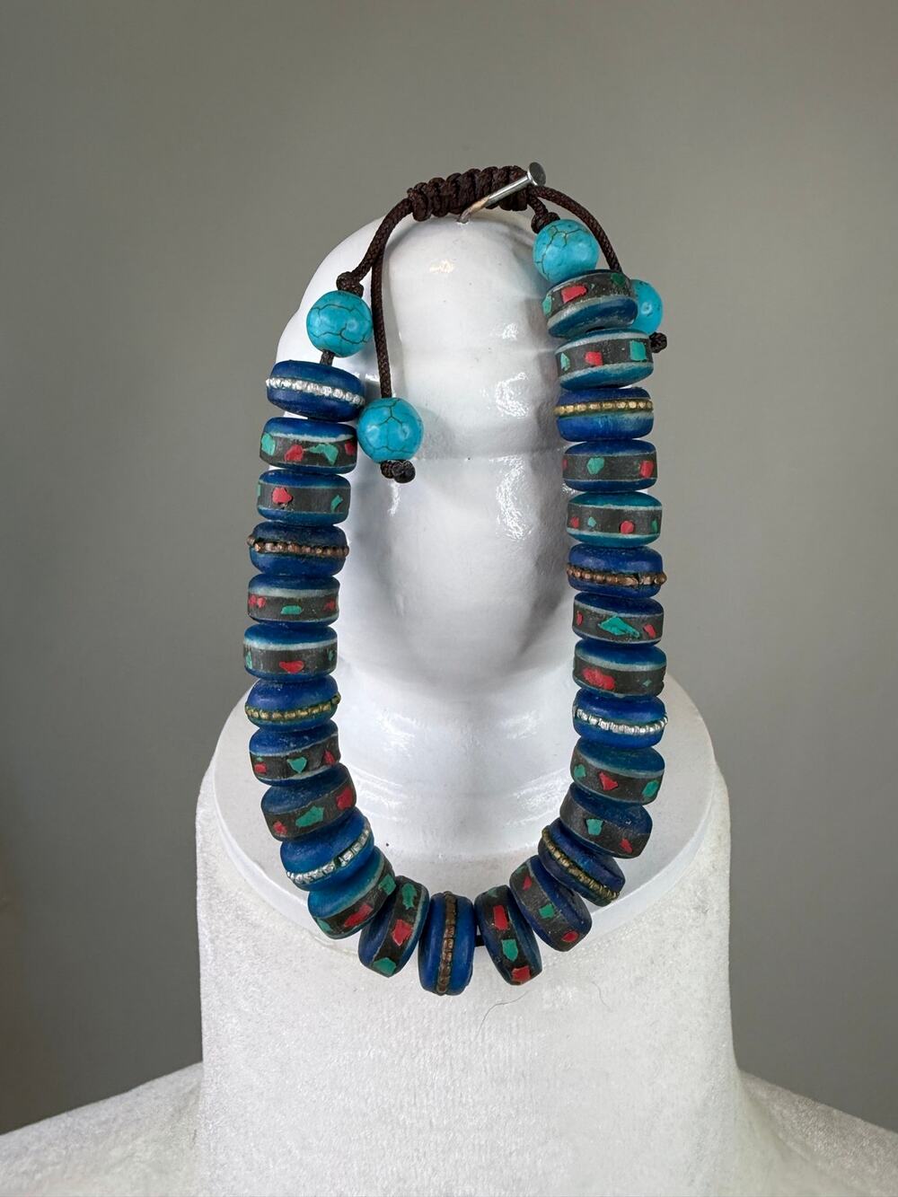 Tibetan Yak Bone Mala Beads Inlay Turquoise and Coral Adjustable Bracelet
